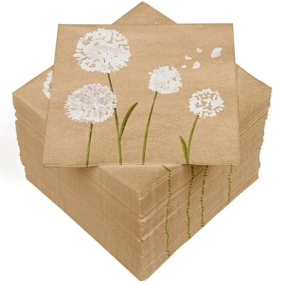 Image de HEKU Lot de 100 serviettes en papier triple épaisseur, 33 x cm, pissenlit naturel, absorbantes et emballées manière pratique, idéales pour les occasions spéciales