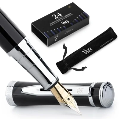 Afbeelding van Wordsworth &amp; Black Vulpenset, extra fijne punt, bevat 24 inktpatronen, inktvulconverter en geschenkzakje, verchroomde afwerking, kalligrafie, [chroom zwart]