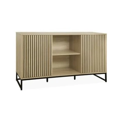 Afbeelding van sweeek Dressoir in moderne stijl met 2 deuren gegroefd houteffect, druksysteem, zwart metalen poten l 140