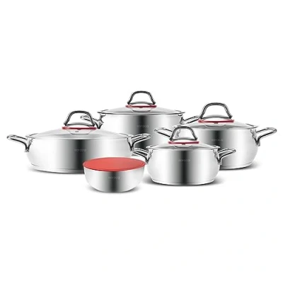 Afbeelding van Karaca Emirgan XL 10 delige set inductiekookpannen van staal met opbergdeksel, hoogwaardige kwaliteit, geschikt voor alle warmtebronnen, ovenbestendig, staalmateriaal 304 15/10