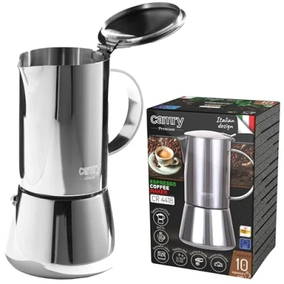 Afbeelding van CAMRY Klassiek espressoapparaat van roestvrij staal 500 ml Inductie koffiezetapparaat Voor alle warmtebronnen Bereidt 10 kopjes espresso Thermisch geïsoleerd handvat de