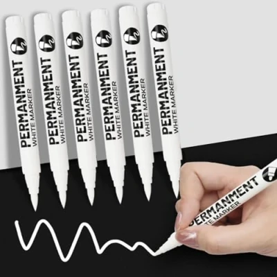 Afbeelding van Permanente witte marker, 6 stuks, wit, waterdicht en sneldrogend, lijnbreedte 2 mm, geschikt voor steen, hout, glas, keramiek, canvas, banden, papier
