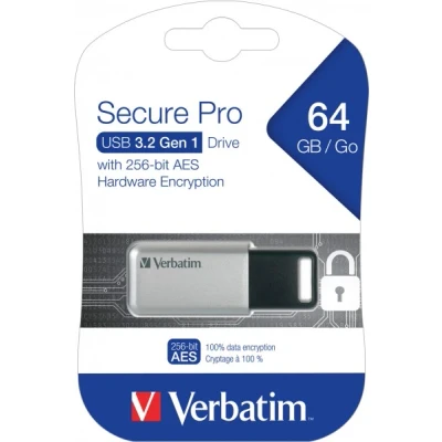 Afbeelding van Verbatim USB 3.0 Stick 64GB, Secure Pro, Zilver 100MB/s, (W) 35MB/s, AES 256 bit, blisterverpakking