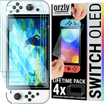 Afbeelding van Orzly bundel met schermbeschermers voor Nintendo switch OLED console 2021 model 4 pack gehard glas accessoires eenvoudige installatie Levenslange editie