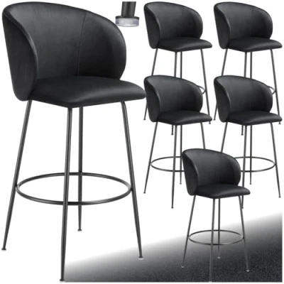 Afbeelding van tectake® Set van 6 Barkrukken Gestoffeerde Barkruk met rugleuning Barstoelen Barstoel voetensteun Eetkamerstoel fluwelen bekleding Stevige stalen poten antislip vloerbescherming Zwart/zwart