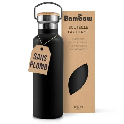 Afbeelding van Bambaw® 1 Liter RVS Thermosfles Isoleerfles, Dubbelwandig, Milieuvriendelijk, Lekvrijen, loodvrij en Plasticvrij Geïsoleerde Fles met Bamboe Deksel voor Warme Koude Dranken Ideaal Reizen, Werk, Yoga, Wandelen Dagelijks Gebruik zwart