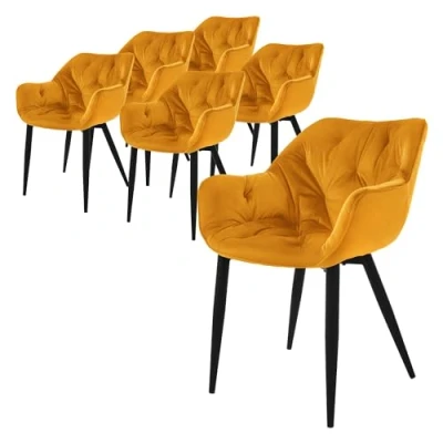 Afbeelding van ML Design eetkamerstoelen set van 6 mosterdgeel, keukenstoel met dikke fluwelen gestoffeerde zitting, metalen poten, woonkamerstoel rugleuning en armleuningen, gewatteerde, ergonomische fauteuil