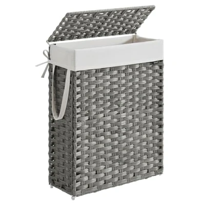 Afbeelding van SONGMICS wasmand smal, wasverzamelaar 55 l, van synthetisch rotan, met deksel en handgrepen, gevlochten, opvouwbaar, uitneembare waszak, wasruimte, duifgrijs