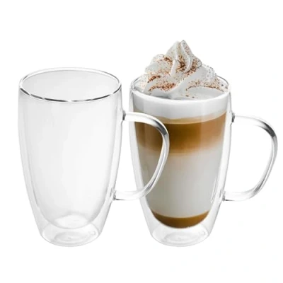 Afbeelding van Intirilife 2x dubbelwandig thermoglas set in 400 500ml koffiemok thermoglazen mondgeblazen geïsoleerd latte macchiato theeglas koffieglas met handvat