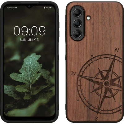 Afbeelding van kwmobile telefoonhoesje geschikt voorSamsung Galaxy A26 5G Hoesje met bumper hout In donkerbruin Vintage Kompas design