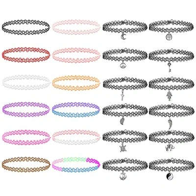 Afbeelding van LZYMSZ 24 stuks choker halskettingen, rekbare elastische meisjes chokerset, kleurrijke halsketting hangerset voor vrouwen, meisjes, kinderen, tieners, vrouwelijk, Kunststof