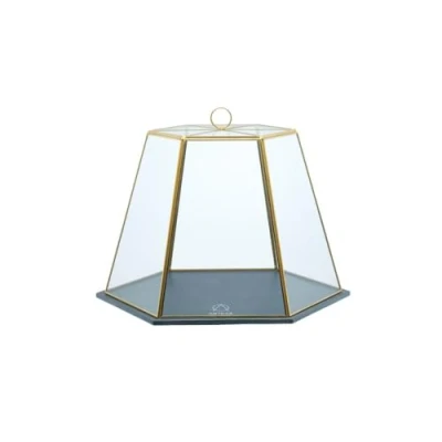 Afbeelding van Artesà Geometrische glazen kaas / taartkoepel met leistenen serveerplank