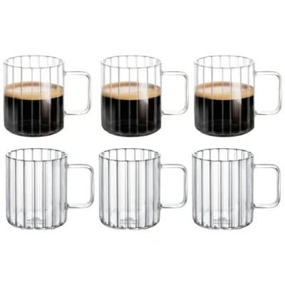 Afbeelding van Wilmax Thermosglas met handvat, 6 stuks, 200 ml, geribbeld glas voor water, thee, koffie, theeglas, koffieglas, warme en koude dranken, vaatwasmachinebestendig
