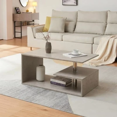 Afbeelding van [en.casa] Table Basse de Salon Design Intemporel avec Étagère Rangement Plateau Rectangulaire Surface Stockage Panneau Particules 90 x 50 41 cm Effet Béton Clair