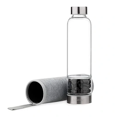 Afbeelding van Navaris glazen drinkfles Fles met obsidiaan 420 ml Waterfles halfedelstenen Inclusief sleeve van neopreen