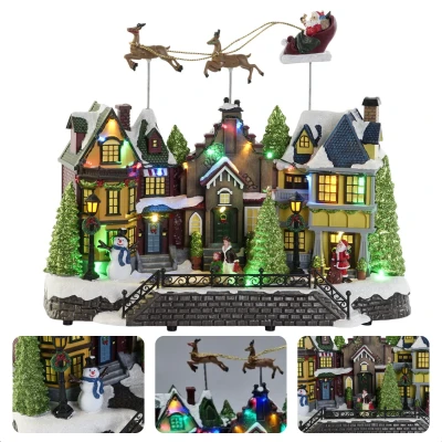 Afbeelding van Cheqo® Kerstdorp Vliegende Arreslee Kersthuisje Kersttafereel Met LED Verlichting 35 cm Kunststof Muziek