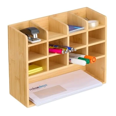 Afbeelding van Relaxdays bureau organizer 13 vakken 21 x 27 10 cm voor pennen en brieven bamboe