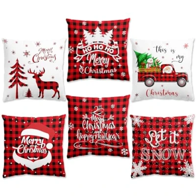 Afbeelding van Kerst Kussenslopen Set van 6 Decoraties 45 x cm, Rood Zwart Strip Tartan Kussenslopen, Xmas Voor Bank Kamer Decor