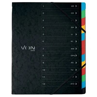 Afbeelding van VON Leitz Pak van 5 A4 mappen met 12 vakken, projectmap, gekleurde kunststof indexen, lichtgewicht documentenbak karton, elastische bandsluiting, zwart, 30150095