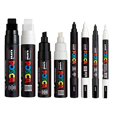 Afbeelding van Posca PC 17K, 8K, 5M, 3M, zwart, wit, medium tot breed, 8 stuks
