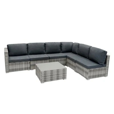 Afbeelding van Rotan Modulaire Tuinmeubelen Loungeset 7 Delige Set Grijs 5 Zits Zitbank Sectionele Stoelen met Kussens Salontafel Glazen Blad UV Beschermd Wasbaar Waterdichte Hoes Buiten Terras Serre