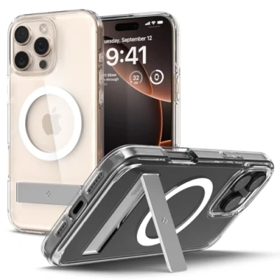 Afbeelding van Spigen Ultra Hybrid S MagFit Hoesje Geschikt voor Apple iPhone 16 Pro Max Compatibel met MagSafe Back Cover Air Cushion Uitklapbare Standaard Transparant