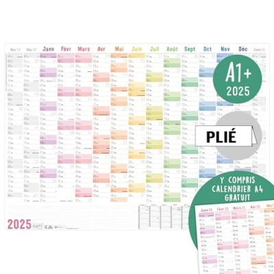 Afbeelding van Häfft® XXL wandkalender 2025 A1+ in het Frans (63 x 89 cm) gevouwen &quot;Rainbow&quot; + gratis A4 jaarplanner, wandplanner met Franse feestdagen duurzaam &amp; klimaatvriendelijk