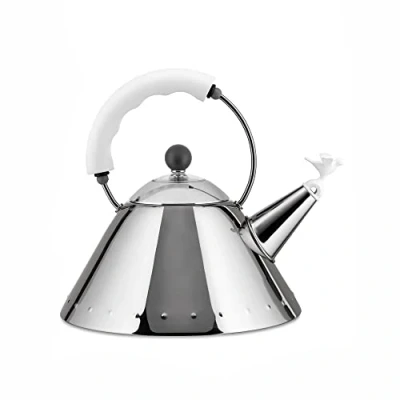 Image de A di alessi 9093 w bouilloire avec poignée et sifflet oisillon en pa blanc