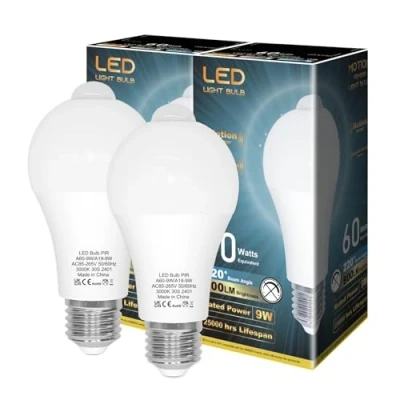 Afbeelding van LUTW Lamp met bewegingsmelder, ledlamp E27, PIR sensor, warm wit, 3000 K, 9 W, 900 lm, veiligheidsverlichting automatisch aan/uit voor hal, garage, 2 stuks