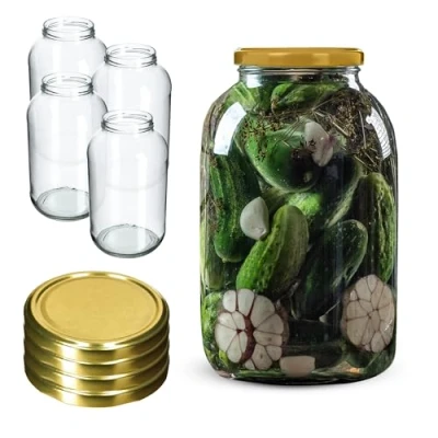 Afbeelding van KADAX 4 stuks voorraadpotten, rond, met goudkleurig deksel, liter, diameter 100 mm, inmaakpotten, komkommer