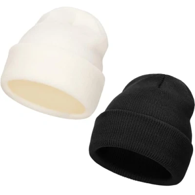 Afbeelding van DRESHOW Gebreide muts met revers voor dames en heren, wintermuts, warm, beanie, klassiek design, 2 stuks, stuks hoeden: wit/zwart