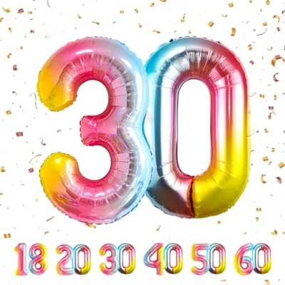 Afbeelding van Ballonnen verjaardag 30e regenboog 101 cm ballon nummer 30 opblaasbare folie decoratie van man vrouw vliegen met helium