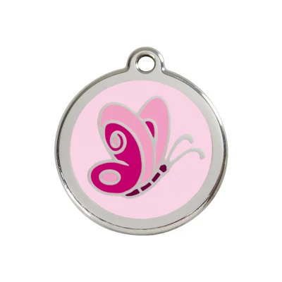 Afbeelding van Butterfly Pink roestvrijstalen hondenpenning medium/gemiddeld dia. 3 cm RedDingo