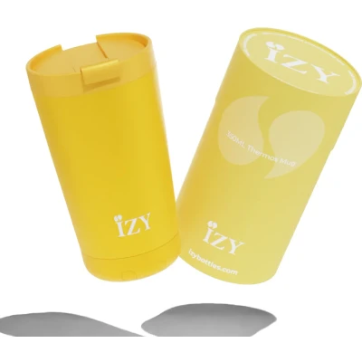 Afbeelding van IZY Koffie beker Geel Thermos mug Koffiebeker to go Thermosbeker RVS 6 uur warm 350ML