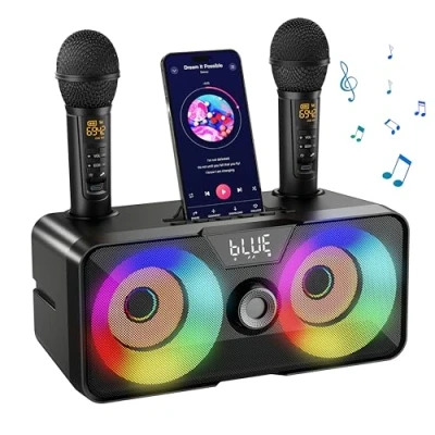 Afbeelding van K317 Karaoke machine voor volwassenen en kinderen met 2 draadloze microfoons, draagbaar bluetooth luidsprekersysteem ledlampen, thuisfeest, bruiloft, kerk, geschenken