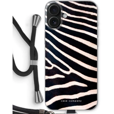 Afbeelding van Case Company® hoesje met Koord geschikt voor iPhone 16 Plus Zebra Telefoonhoesje Zwart Bescherming aan alle Kanten en Over de Schermrand