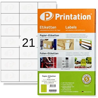 Afbeelding van Printation Universele etiketten 70 x 41 mm 2100 stuks zelfklevend wit om af te drukken 100 vellen DIN A4 tot 3x7 21 70x41 adreslabels labels/zelfklevende 3481 4473