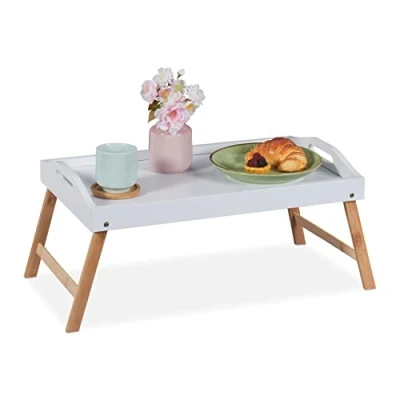 Afbeelding van Relaxdays bedtafel inklapbaar schoottafel wit tafeltje voor op bed ontbijt dienblad