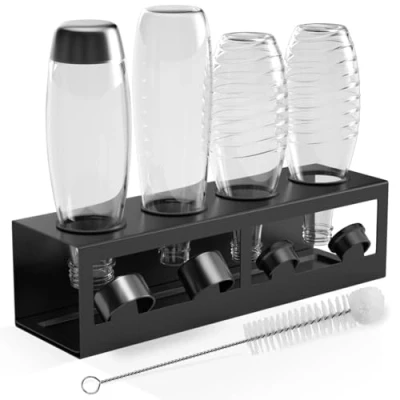 Afbeelding van HOMMAND Flessenhouder voor SodaStream Crystal Emil flessen, flessenhouder, flessenafdruiprek 4 met siliconen beschermringen, afdruiprek en dekselhouder, zwart