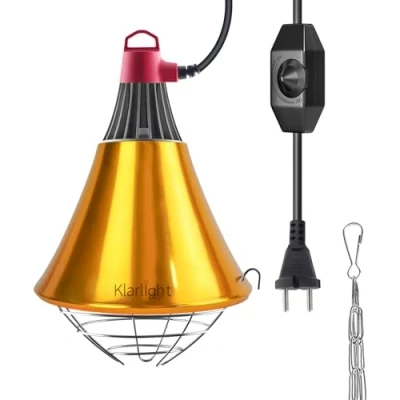 Afbeelding van Klarlight Infrarood verwarming, dimbaar, houder voor puppy&#039;s, reflector, met beschermingsrooster, kabel van 2 m, max. 275 W, verwarming kippenhok, kuikens, varkens (zonder lamp)