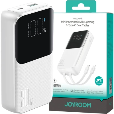 Afbeelding van Mini powerbank met ingebouwde kabels Joyroom JR PBC06 30W 10000mAh wit
