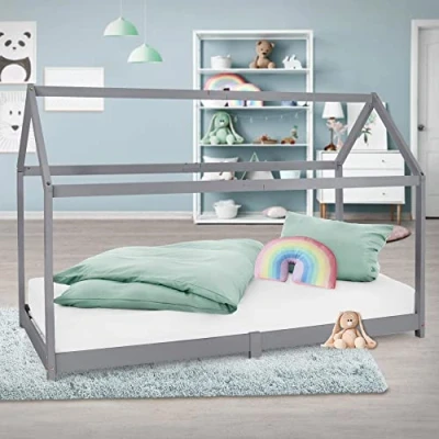 Afbeelding van Kinderbed met dak en lattenbodem 90x200 cm Lichtgrijs Dennenhout ML Design