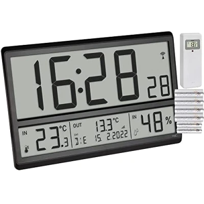 Afbeelding van TFA Dostmann XL 60.4523.01 Digitale wandklok met buitentemperatuur en binnenklimaat, radioklok, 24 uur display, volledige datum, zwart batterijen