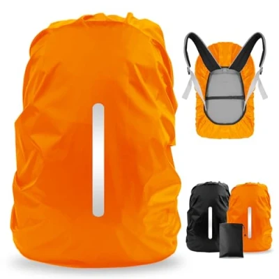 Afbeelding van LAMA Set van 2 waterdichte regenhoezen voor rugzak, reflecterend, stofdicht, diefstalbescherming, fietsen, wandelen, kamperen, reizen, outdoor activiteiten, 1 zwart + oranje , S