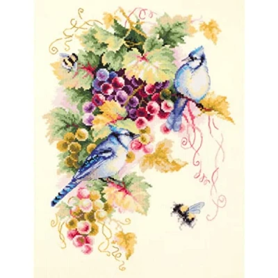 Afbeelding van Borduurpakket Kruissteek Telpakket Blue Jay And Grapes 130 022 (Magic Needle)