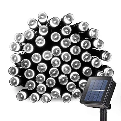 Afbeelding van Lamker Lichtsnoer op zonne energie, 12 m, 100 leds, 8 modi, waterdicht, wit, lichtketting, voor buiten, decoratie tuin, terras, balkon, raam, hek, kerstboom, bruiloft, fairy lights