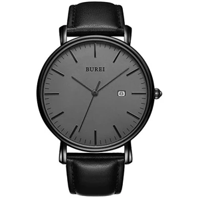 Afbeelding van BUREI Ultradun minimalistisch modern herenhorloge Stijlvol datumhorloge met klassiek eenvoudig ontwerp van groot gezicht en zachte zwarte lederen band