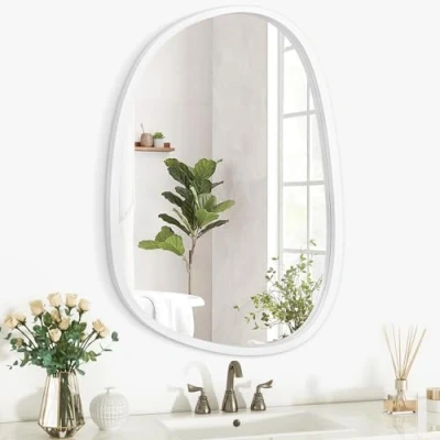 Afbeelding van Onregelmatige wandspiegel, ovaal, asymmetrisch, modern, uniek decoratief voor badkamer, woonkamer, slaapkamer, entree, hal, kunstspiegel om op te hangen, 35 x 25 cm, grijs