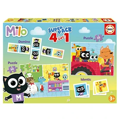 Afbeelding van Educa, Superpack Milo, bordspellen voor kinderen zoals Domino, Identic en 2 puzzels van 25 50 delen, meerdere speelmogelijkheden om alleen of met begeleiding te spelen, vanaf 3 jaar
