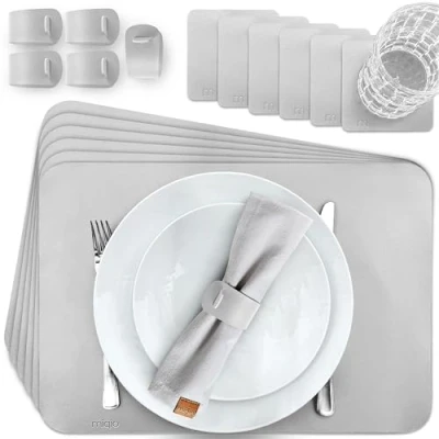 Afbeelding van MIQIO Set van 18 placemats, kunstleer, afwasbaar, 6 onderzetters, servetring, grijs, rechthoekig